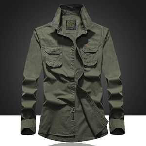 Army green men's long sleeve cotton utility shirt with flap pockets and outdoor labels