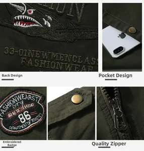 Detailed embroidery of shark graphic and vintage athletic patches on green cargo jacket