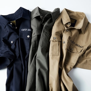Men's cotton cargo short sleeve shirts with double pockets in navy, green and khaki