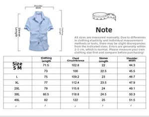 Size chart for men's short sleeve shirt showing measurements from S to 4XL