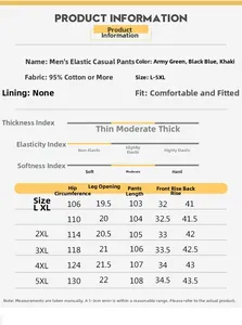 Detailed size chart for men's cotton casual pants including waist and length dimensions