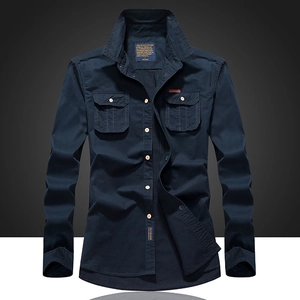 Men's navy blue long sleeve cotton work shirt with double chest pockets and outdoor style