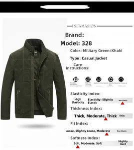 Men's casual military green jacket with stand collar and zipper pockets detailed specifications