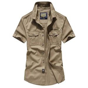 Men's khaki cotton cargo short sleeve shirt with off-road print and double chest pockets