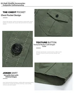 Détail de chemise vert armée avec poches à rabat boutonnées et finitions de couture soignées
