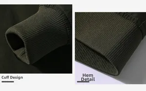 Detail of ribbed cuffs and hemline on olive green cotton work jacket for men