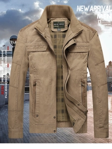 Detail of khaki outdoor jacket with stand collar, zip closure and plaid lining