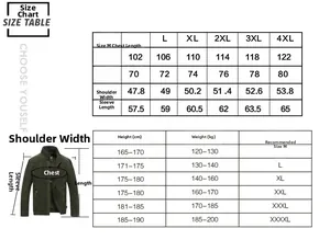 Detailed men's size chart for autumn jacket showing bust, length, and shoulder measures
