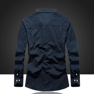 Navy blue cotton long sleeve shirt for men with back view and standard collar detail