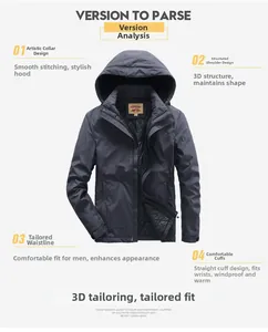 Detailed view of men's winter hooded jacket with 3D tailoring and windproof quilted lining