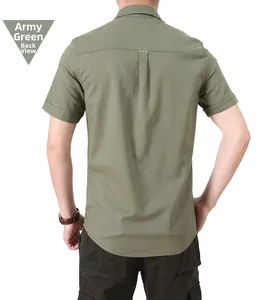 Detail view of the army green short sleeve shirt back with reinforced yoke and hanger loop