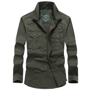 Camicia militare da uomo in cotone verde oliva a maniche lunghe con doppie tasche