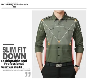 Détail d'une chemise ajustée vert militaire pour homme avec coupe 3D et doubles poches