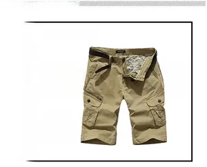 Detail view of khaki cotton cargo shorts for men with flap pockets and a brown leather belt