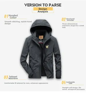 Men's dark gray hooded jacket featuring reinforced shoulders and windproof cuffs