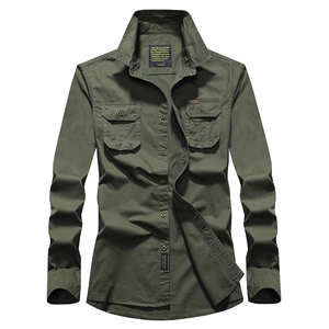 Army green men's cotton cargo shirt with dual chest pockets and long sleeves outdoors style