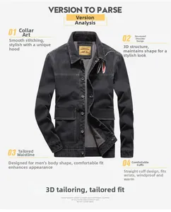Détails de la veste en jean noir pour homme avec broderie plume et poches cargo