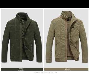 Detail view of khaki and army green stand collar jackets with square quilted stitching