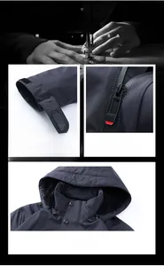 Detail of men's winter jacket with velcro cuffs, removable hood and warm plush lining