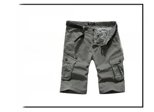 Detail view of grey cotton cargo shorts with multiple utility pockets and woven belt