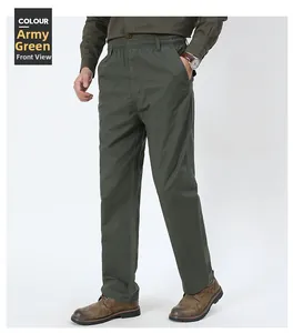 Front view of men's military green casual straight trousers with elastic waist and pockets