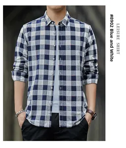 Detail of classic blue and white plaid leisure cotton shirt for men on model