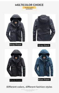 Detail view of winter hooded parkas in grey, black and blue colors with quilted lining