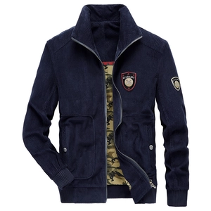 Men's Casual Corduroy Jacket Stand Collar Zipper Embroidery Patch Camouflage Lining Long Sleeve Outwear Streetwear