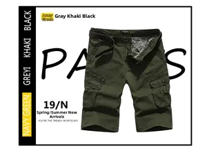 Detail of army green cargo shorts with leather belt and large functional flap pockets