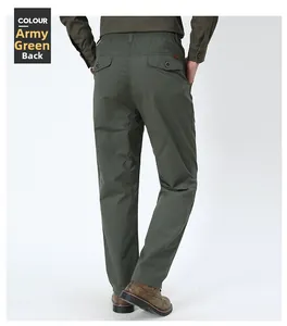 Detail view of military green men's casual trousers featuring elastic waist and back pockets