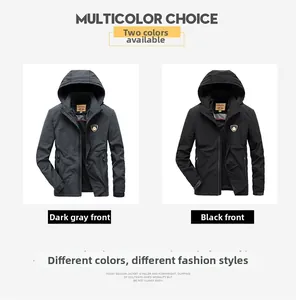 Front view of two hooded windbreaker jackets in dark grey and black with full-zip design