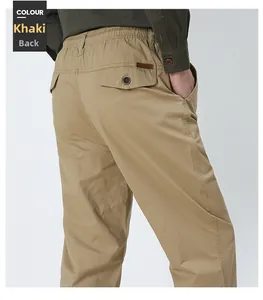Detail of khaki men's trousers featuring elastic waist and buttoned rear pocket