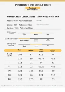 Detailed size chart for men's casual padded jacket with S-4XL dimensions and material info