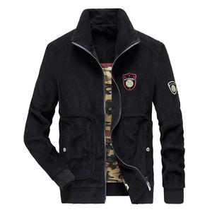 Men's casual black corduroy jacket with embroidered badges and camouflage lining