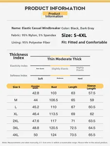 Size chart for men's hooded stretch jacket showing detailed fabric info and measurements