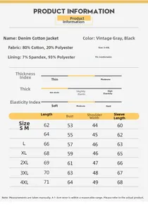 Tableau des tailles détaillé pour veste en jean homme avec mesures du S au 4XL en centimètres