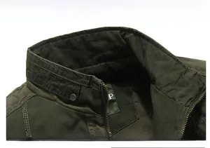 Detail of the stand collar structure and metal zipper on the men's dark army green jacket