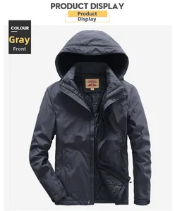 Detail view of the deep grey windproof men's winter jacket with black quilted inner lining