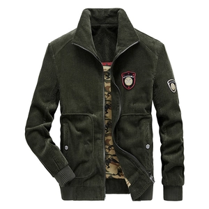 Men's dark green corduroy military jacket with camouflage lining and embroidered badges