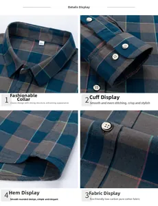 Detailed views of cotton plaid shirt featuring button-down collar and premium stitching