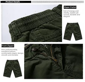 Détails du short cargo vert armée avec taille élastique à cordon et fermeture éclair en métal
