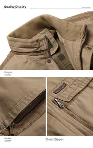 Detail of khaki jacket showing ribbed stand collar and heavy-duty canvas fabric with zippers