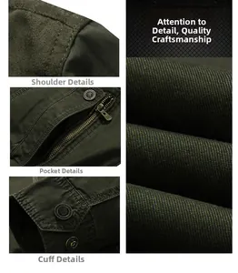 Detail showing army green jacket shoulder stitching, zipper pocket, and metal snaps