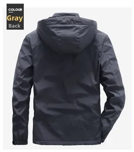Back view of a grey men's winter hooded jacket with elastic cuffs and windproof fabric