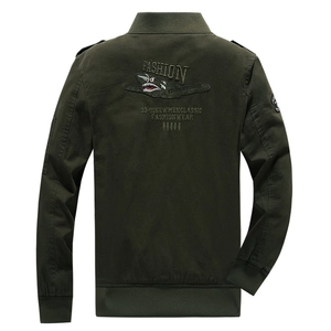 Men's olive green cotton pilot jacket with back shark aircraft embroidery and ribbed cuffs