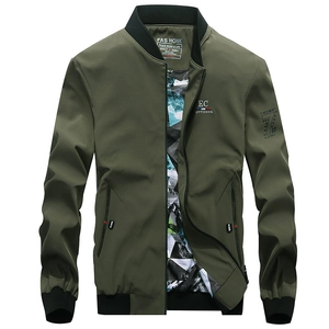 Men's Casual Bomber Jacket Windproof Polyester Stand Collar Zip Up Flight Coat Solid Color Classic Outerwear For Spring Autumn