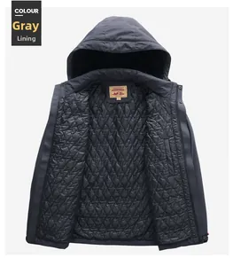 Detailed view of dark grey winter jacket featuring black diamond quilted inner lining