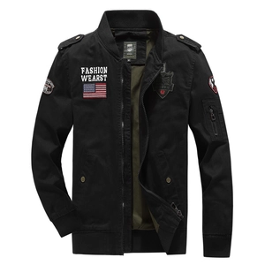 Classic men black cotton bomber jacket featuring tactical military badges and patches