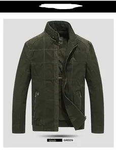 Detailed close-up of army green men's stand collar cotton jacket with rib-knit cuffs and pockets