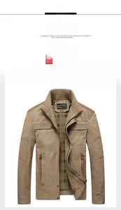 Detailed view of the dark khaki casual work jacket with stand collar and zipper pockets